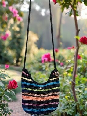 The Sak Black Striped Crochet Crossbody Bag with Multicolor Accents
